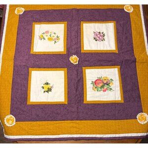 Handcrafted Purple and Gold Quilt‎ With Embroidered & Crocheted Flowers 43x43"